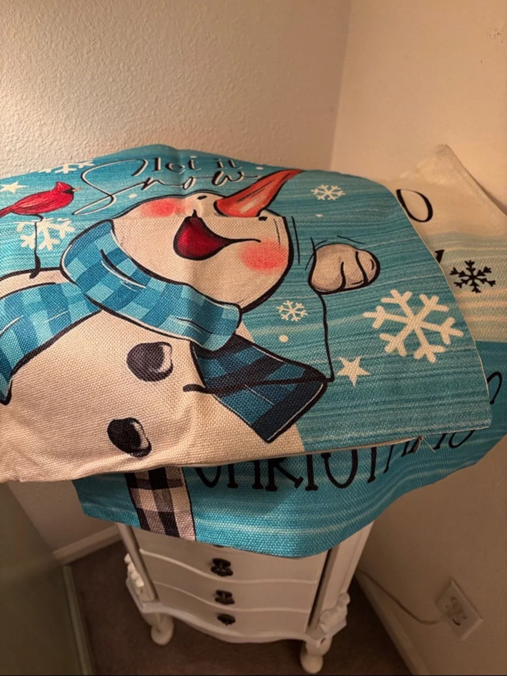 Festive Snowman Holiday Throw Pillow Cover - Blue